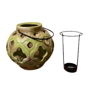 Tea light Holder Lantern Ceramic Cut Out Old World Design Green 6 x 6 inches